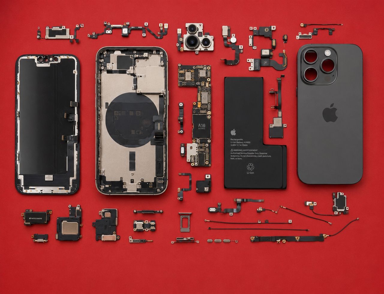 iPhone disassembled into its components on a red background